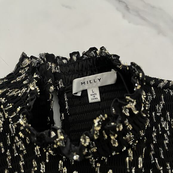 Milly Vicky Gold Metallic Dot Clip Blouse Smocked Black Sz S Cocktail Party Top - Picture 3 of 12